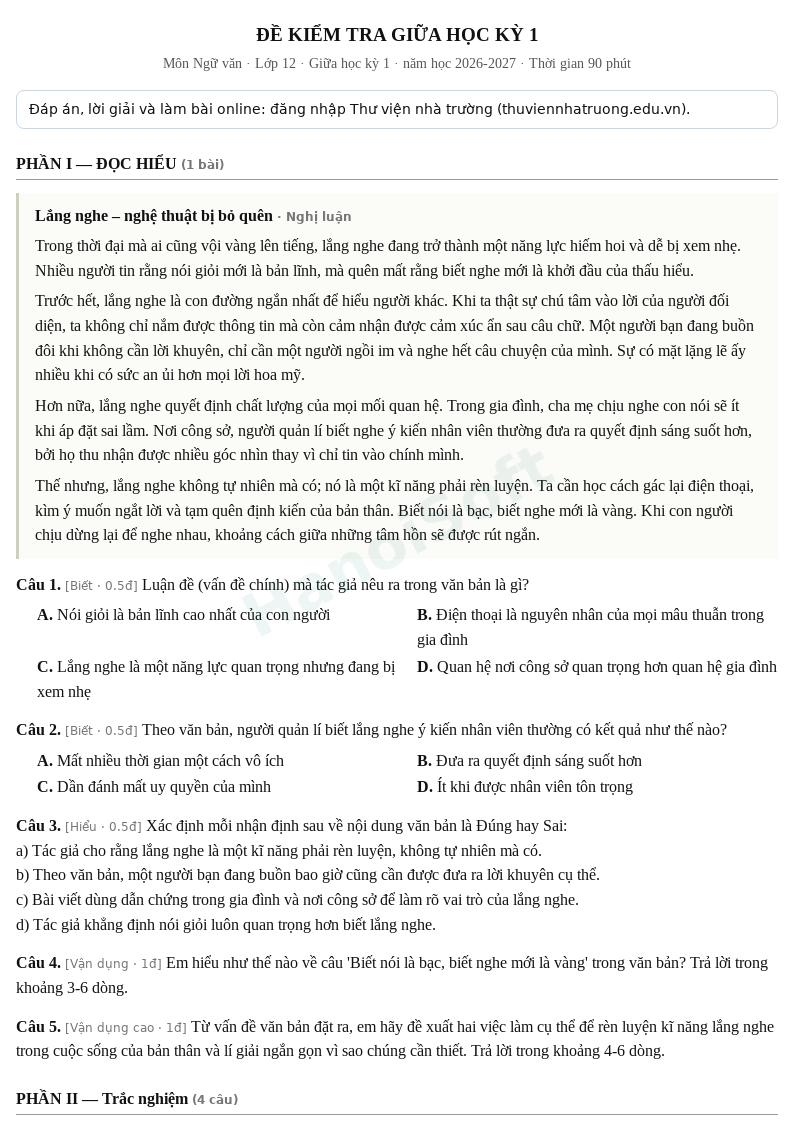 Đề kiểm tra giữa học kỳ 1 Ngữ văn lớp 12 – Đề số 2 (có đáp án, làm bài online) – năm học 2026-2027