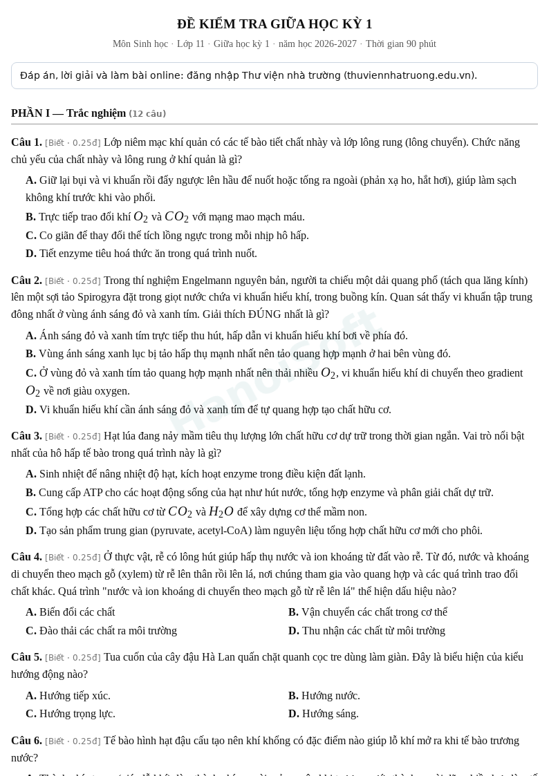 Đề kiểm tra giữa học kỳ 1 Sinh học lớp 11 – Đề số 1 (có đáp án, làm bài online) – năm học 2026-2027