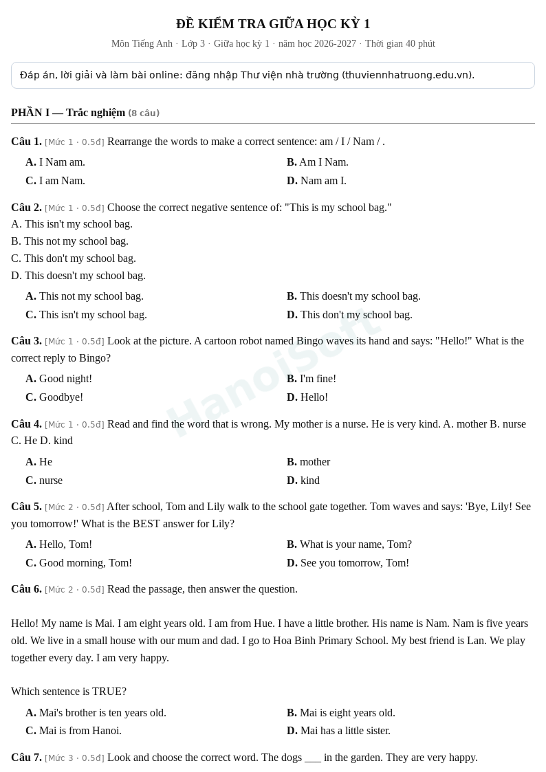 Đề kiểm tra giữa học kỳ 1 Tiếng Anh lớp 3 – Đề số 3 (có đáp án, làm bài online) – năm học 2026-2027