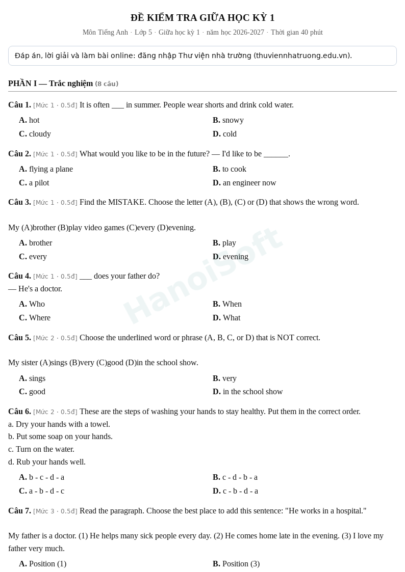 Đề kiểm tra giữa học kỳ 1 Tiếng Anh lớp 5 – Đề số 4 (có đáp án, làm bài online) – năm học 2026-2027