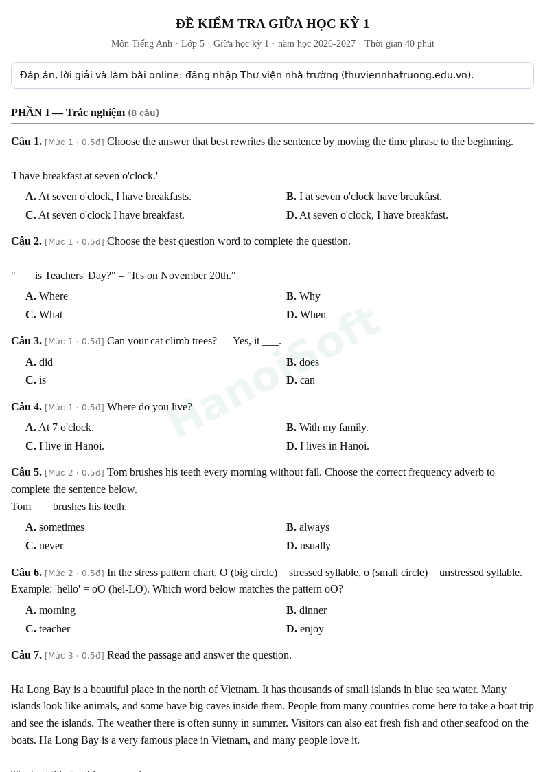 Đề kiểm tra giữa học kỳ 1 Tiếng Anh lớp 5 – Đề số 6 (có đáp án, làm bài online) – năm học 2026-2027