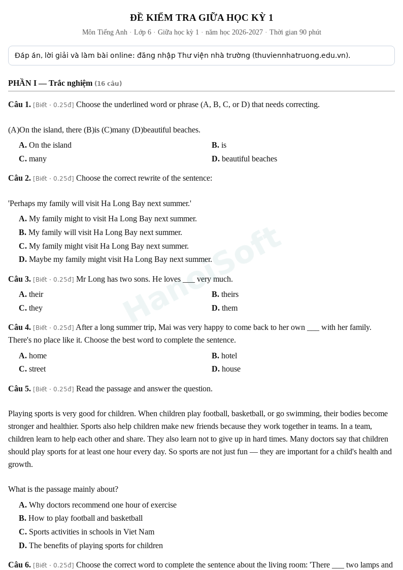 Đề kiểm tra giữa học kỳ 1 Tiếng Anh lớp 6 – Đề số 5 (có đáp án, làm bài online) – năm học 2026-2027
