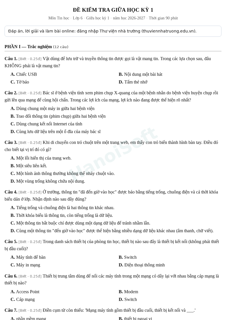 Đề kiểm tra giữa học kỳ 1 Tin học lớp 6 – Đề số 3 (có đáp án, làm bài online) – năm học 2026-2027
