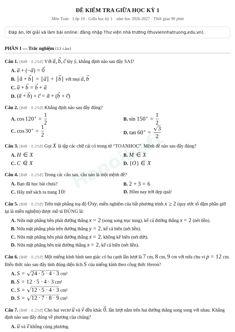 Đề kiểm tra giữa học kỳ 1 Toán lớp 10 – Đề số 7 (có đáp án, làm bài online) – năm học 2026-2027