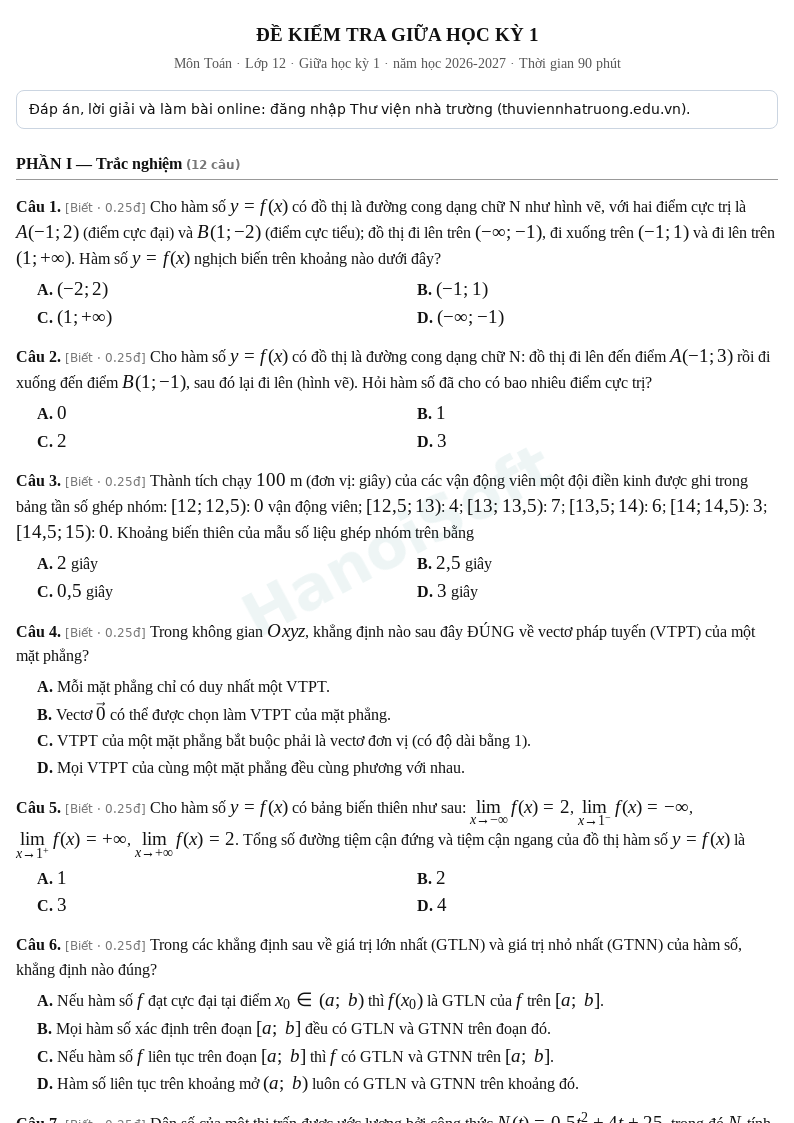 Đề kiểm tra giữa học kỳ 1 Toán lớp 12 – Đề số 2 (có đáp án, làm bài online) – năm học 2026-2027