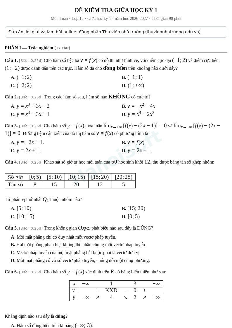 Đề kiểm tra giữa học kỳ 1 Toán lớp 12 – Đề số 9 (có đáp án, làm bài online) – năm học 2026-2027
