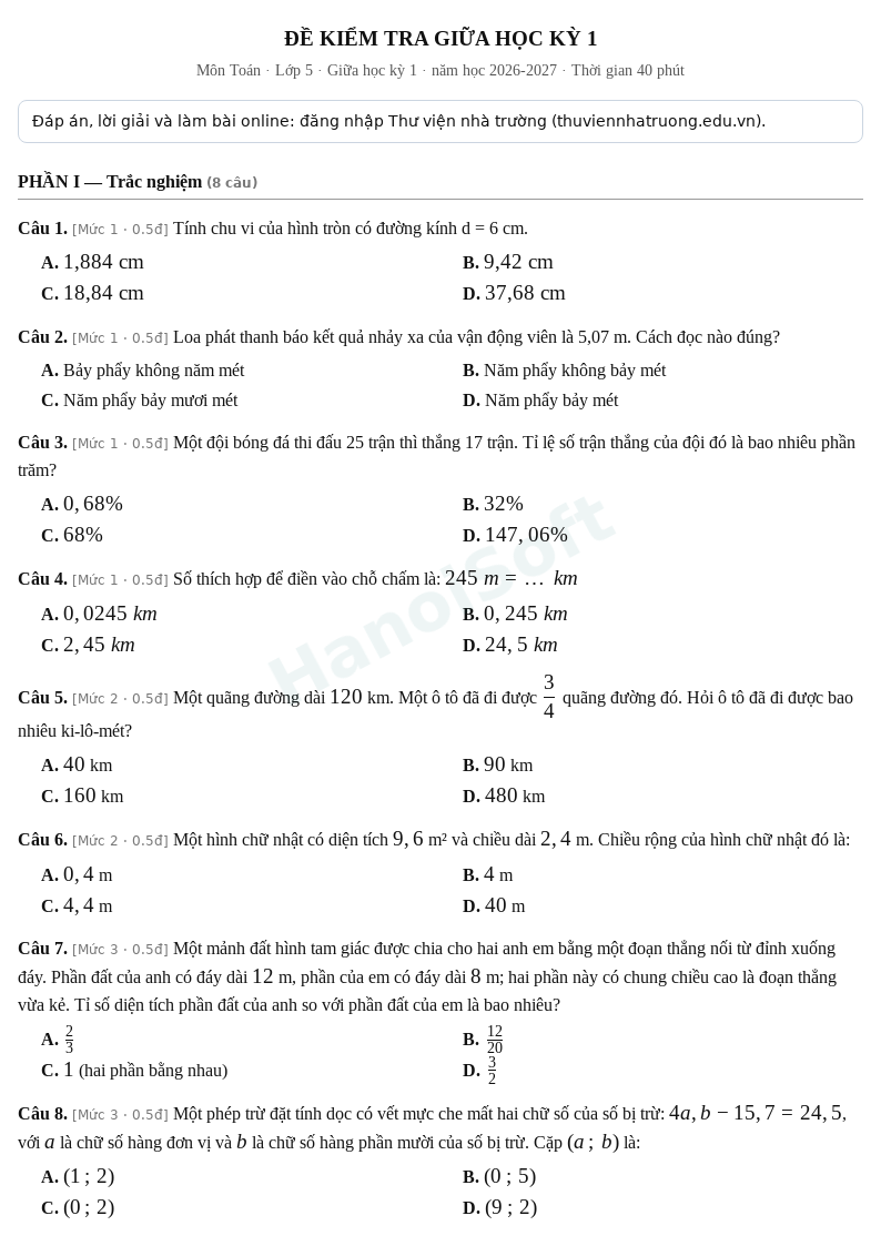 Đề kiểm tra giữa học kỳ 1 Toán lớp 5 – Đề số 5 (có đáp án, làm bài online) – năm học 2026-2027