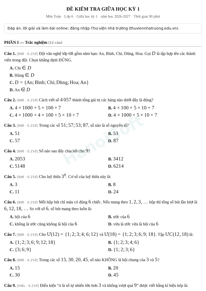 Đề kiểm tra giữa học kỳ 1 Toán lớp 6 – Đề số 4 (có đáp án, làm bài online) – năm học 2026-2027