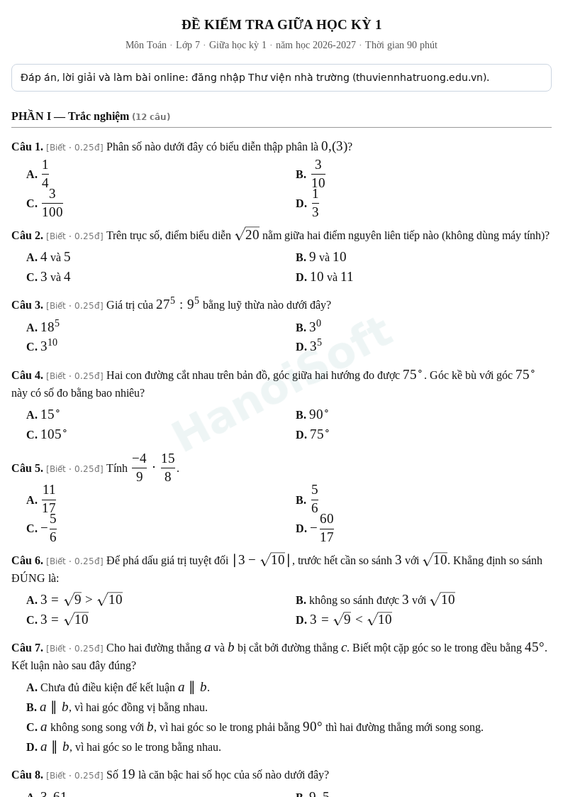 Đề kiểm tra giữa học kỳ 1 Toán lớp 7 – Đề số 1 (có đáp án, làm bài online) – năm học 2026-2027