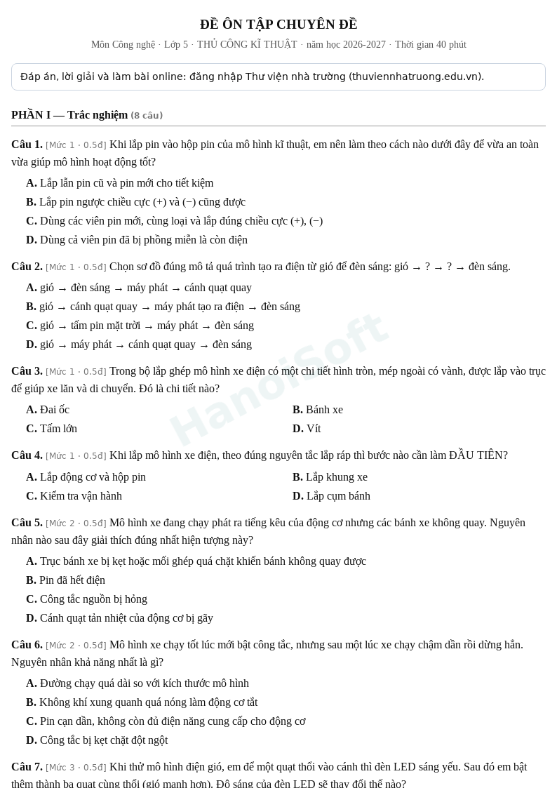 Đề ôn tập Công nghệ lớp 5 – Chuyên đề: THỦ CÔNG KĨ THUẬT – Đề số 1 (có đáp án, làm bài online) – năm học 2026-2027