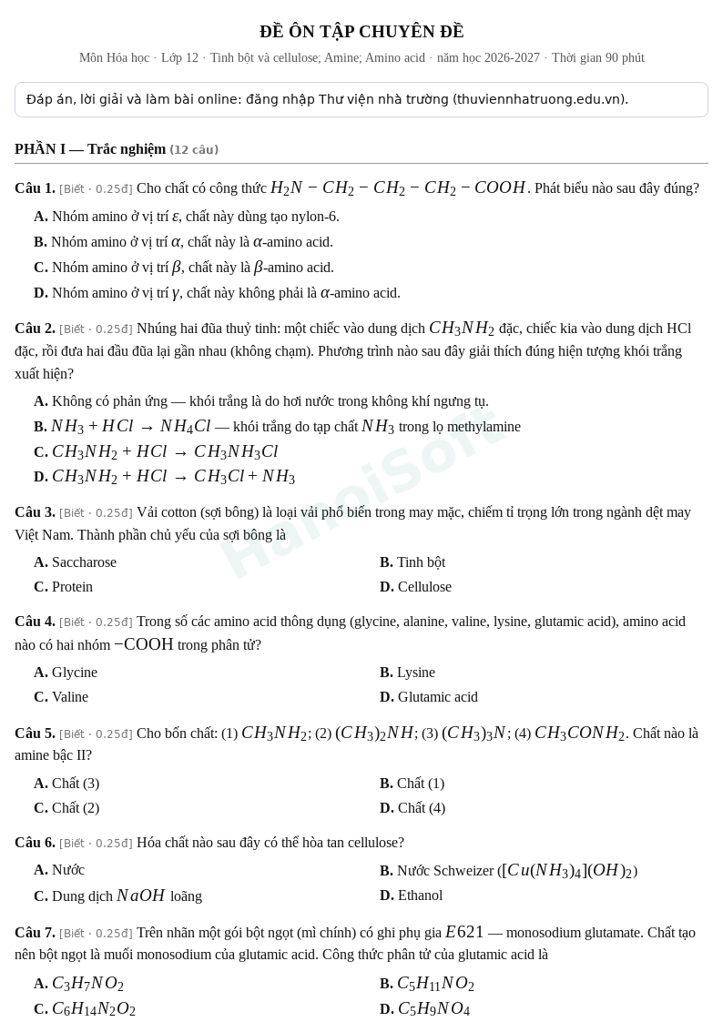 Đề ôn tập Hóa học lớp 12 – Chuyên đề: Tinh bột và cellulose; Amine; Amino acid – Đề số 1 (có đáp án, làm bài online) – năm học 2026-2027