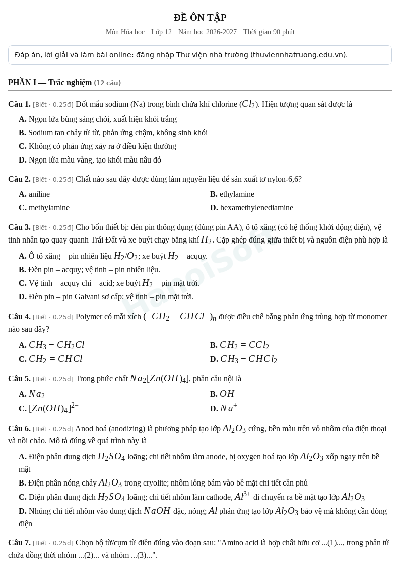 Đề ôn tập Hóa học lớp 12 – Đề số 1 (có đáp án, làm bài online) – năm học 2026-2027