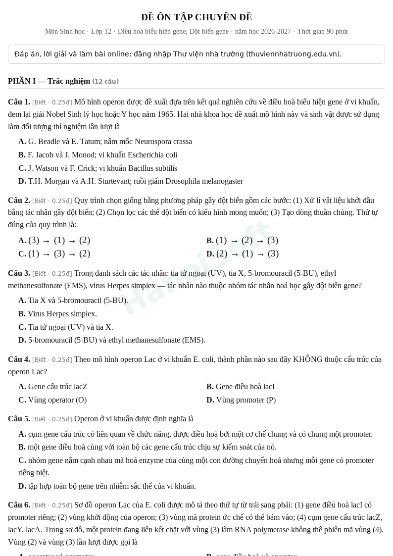 Đề ôn tập Sinh học lớp 12 – Chuyên đề: Điều hoà biểu hiện gene; Đột biến gene – Đề số 1 (có đáp án, làm bài online) – năm học 2026-2027