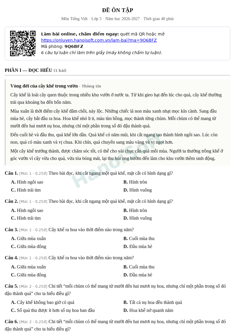 Đề ôn tập Tiếng Việt lớp 5 – Đề số 2 (có đáp án, làm bài online) – năm học 2026-2027